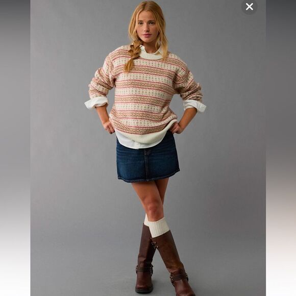AE Whoa So Soft Fair Isle Crewneck Relaxed Knit Cream Tan Red Preppy Sweater - Picture 7 of 16